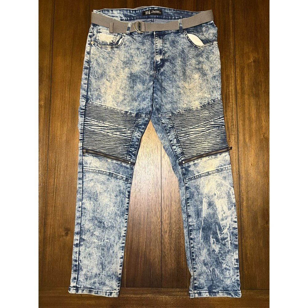 ROK Hand Crafted Mens Moto Biker Acid Wash Slim Blue Jeans W38 L32 With‎ Belt